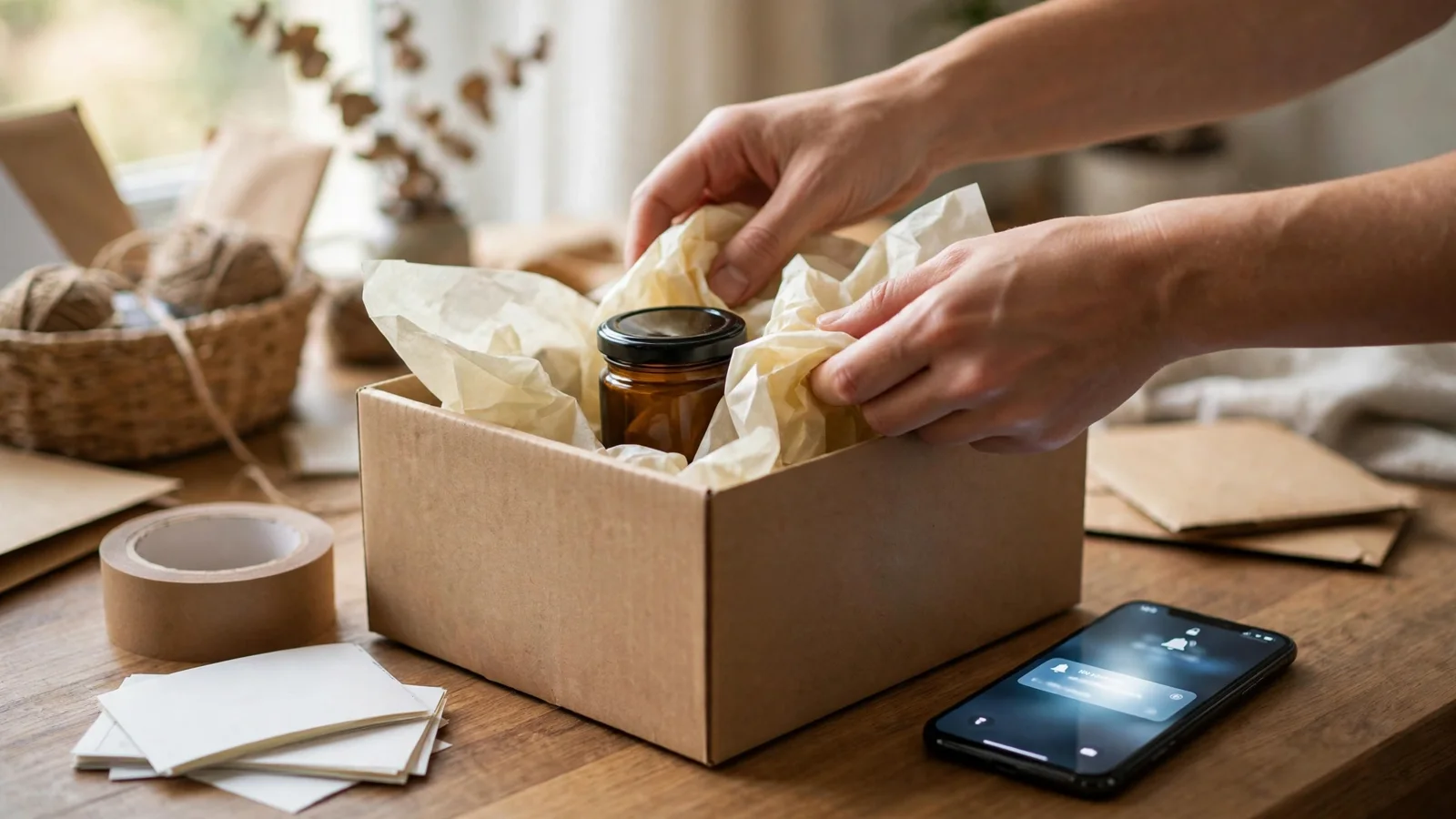 Hands packing an order into a paper box, with a phone beside it