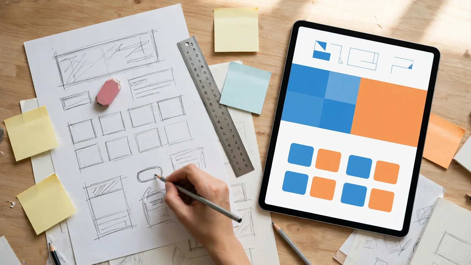 Hand-drawn wireframe next to the layout on a tablet